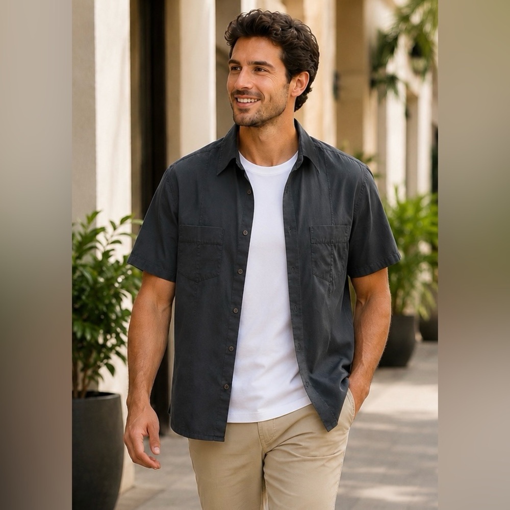THEORY Shirt Mens M STEVEN Button Up Cubavera Casual Untuck Leisure Resort Black